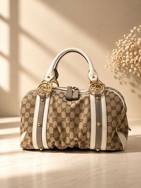 Authentic Gucci GG Canvas Boston Bag Brown Monogram Satchel White Leather